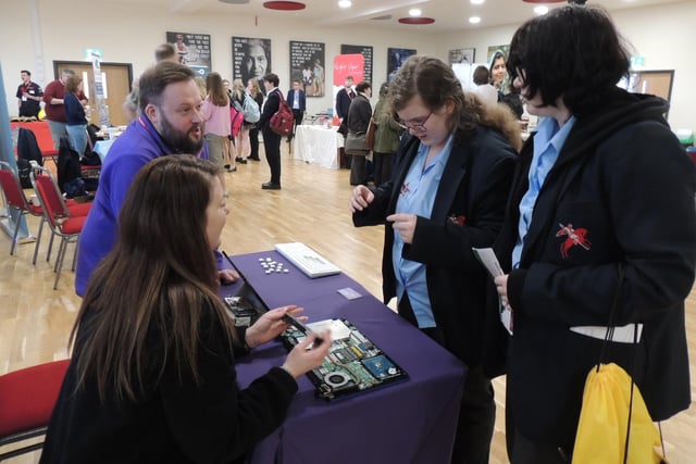 Leigh Warsop and Agnieszka McFarlane from Currys careers team answer questions from students. The business has been working for some time with the Sleaford and Ruskington campuses.
