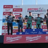 Todd Ellis and Emmanuel Clement (centre) after one of their wins at Donington Park. Photo: Dave Yeomans.
