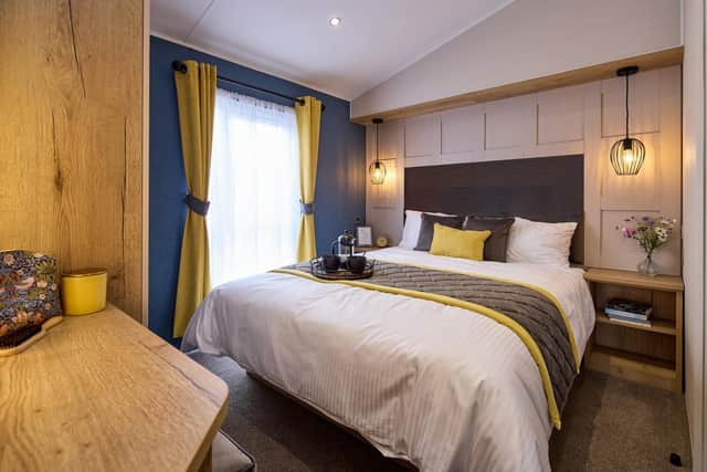 A bedroom  inj one of the new premium lodges in Maple Walk at Butlin's in Skegness.