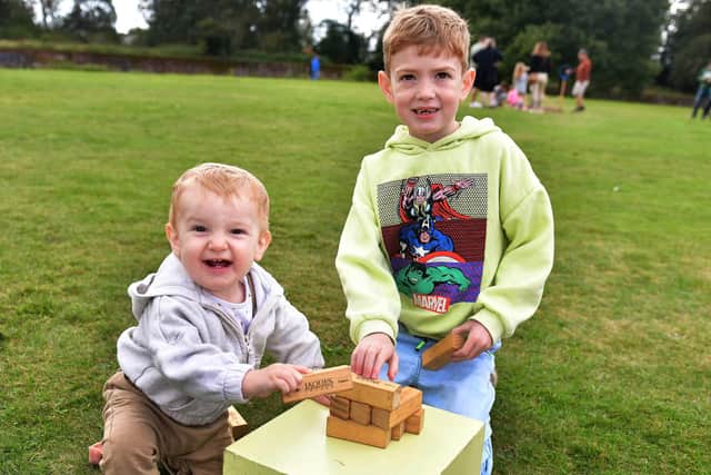 Teddy and Charlie Genery playing with the Jenga. Photos: Mick Fox