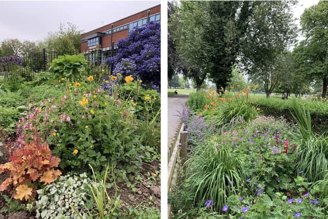 Some of the many floral displays around Boston: Left: Outside the police station, and right: Central Park.