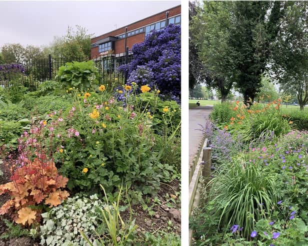 Some of the many floral displays around Boston: Left: Outside the police station, and right: Central Park.