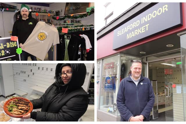 TOP LEFT - Ben Priest, BOTTOM LEFT - Bouchra Nasr, RIGHT Alan Taylor of the new Sleaford Indoor Market.