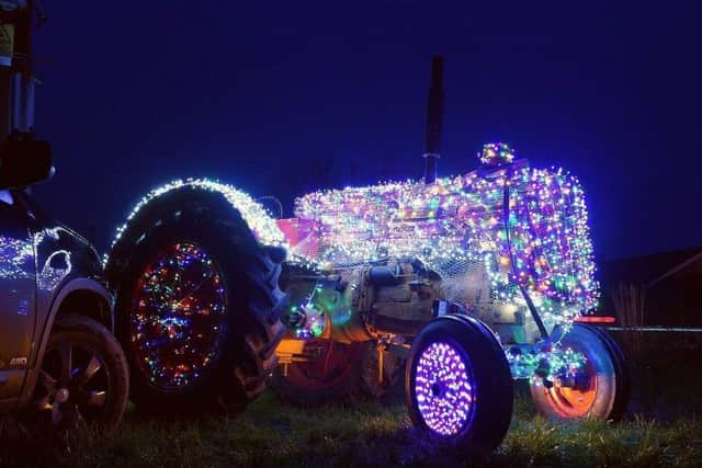 Illuminated tractor in Boston Tractor Run 2025