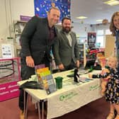 West Lindsey’s Sustainability Officer, Steve Leary; West Lindsey District Council’s Energy Efficiency Officer, Matt Lill with Christine Keyworth and her three-year-old daughter, Beatrice at Market Rasen Library. Image: WLDC