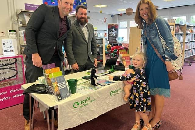 West Lindsey’s Sustainability Officer, Steve Leary; West Lindsey District Council’s Energy Efficiency Officer, Matt Lill with Christine Keyworth and her three-year-old daughter, Beatrice at Market Rasen Library. Image: WLDC
