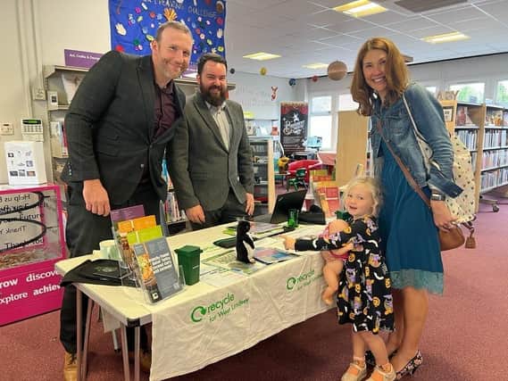 West Lindsey’s Sustainability Officer, Steve Leary; West Lindsey District Council’s Energy Efficiency Officer, Matt Lill with Christine Keyworth and her three-year-old daughter, Beatrice at Market Rasen Library. Image: WLDC