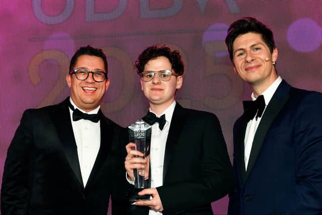 Left: Paul Rolfe, Director of Sussex and Surrey Institute of Technology (left), Isaac Wiggers (middle), Awards event MC (right)