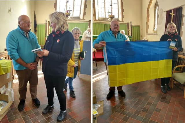Neil Balderston and Roxy during the handover of donated medical supplies for Ukraine.