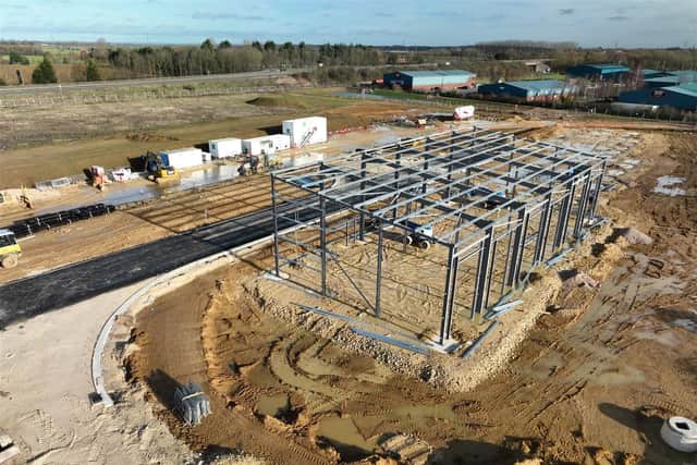Steel framework is already going up on the first building at the new Sleaford Moor Enterprise Park. Photo: Kurnia Aerial Photography