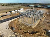 Steel framework is already going up on the first building at the new Sleaford Moor Enterprise Park. Photo: Kurnia Aerial Photography
