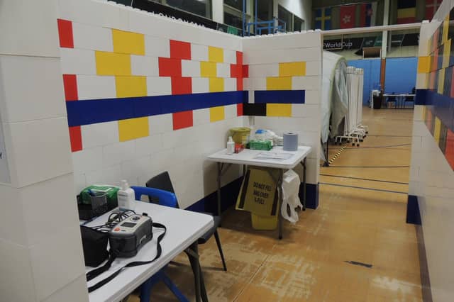 Cubicles set up during a spring Covid-19 booster jab campaign in 2023 at Grantham's Mere's Leisure Centre. Photo: AH