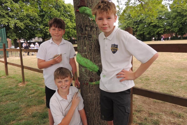L-R - Year 6 pupils Ollie, William and Alex decorate their snake, moulded onto a tree during Cranwell School's outdoor learning week. Photo: AH