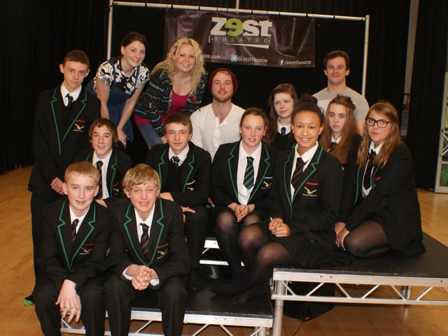 Year 10 pupils at Caistor Yarborough School welcoming Zest Theatre 10 years ago as part of their Everyone Matters classes. Youngsters are pictured with actors (from left) Amie Connor, Amie Richards, Jacob Church and Mark Brewer.