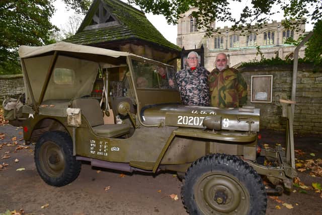 William and Fiona Elkington with their 1943 Ford GPW Jeep outside Rauceby Church.