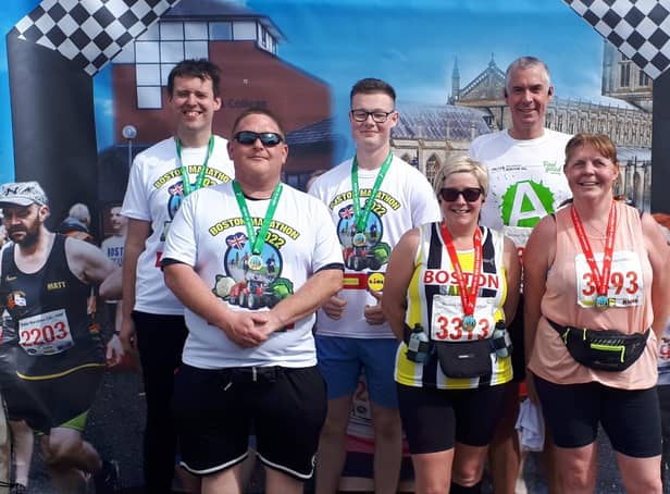 Six of the seven colleagues from Asda's store in Boston who took part in the Boston Marathon event.