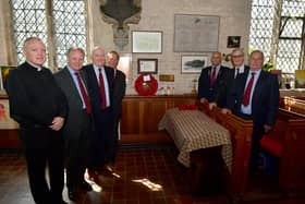 L-R Rev Al Jenkins, with the memorial and veterans Colonel Charles Radford, Tony Willmore, Neil Murdoch, Chris Gryzelka, David Simpson and John Roessler.