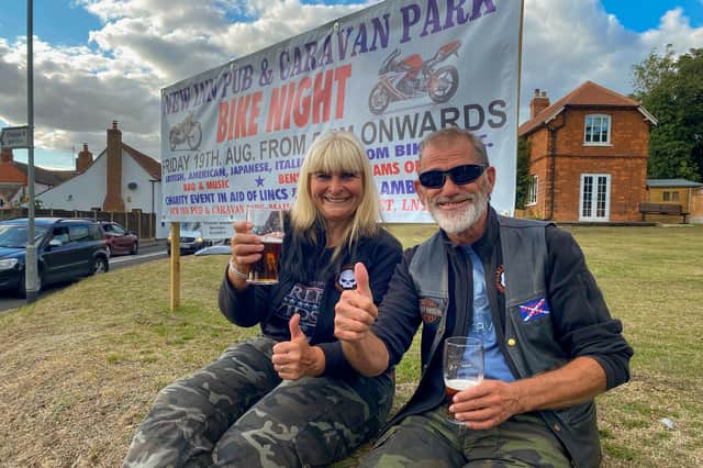 Geoff and Ali Haines from Sutton on Sea enjoy a drink at Saltfleet's Bike Night.