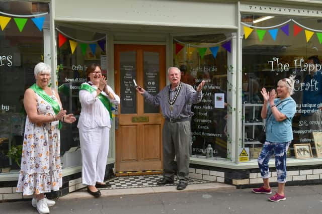 Opening the Happy Crafters new shop in Westgate, Sleaford. L-R Bert Hunt, Nic Frost, Sleaford Mayor Coun Anthony Brand and Marie Humphries. Photo: David Dawson