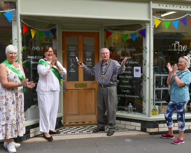 Opening the Happy Crafters new shop in Westgate, Sleaford. L-R Bert Hunt, Nic Frost, Sleaford Mayor Coun Anthony Brand and Marie Humphries. Photo: David Dawson