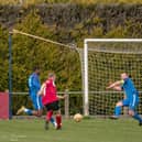 Fraser Bayliss' shot which led to his goal. Pic by Clive Stapleton Photography