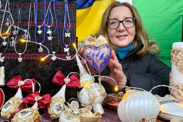 Svita from Ukraine with her hand-painted traditional Christmas decorations.