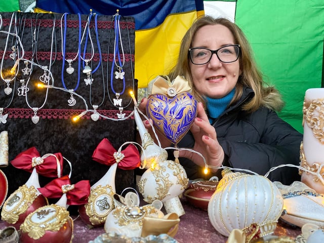 Svita from Ukraine with her hand-painted traditional Christmas decorations.