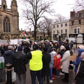 The crowd gathered to hear a speech by the local Imam calling for an end to the fighting and deaths in Gaza.