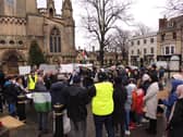 The crowd gathered to hear a speech by the local Imam calling for an end to the fighting and deaths in Gaza.