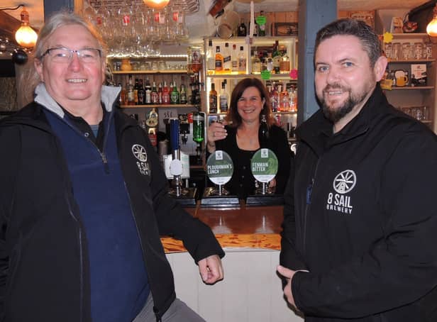 Pub rescue. From left – Tony Pygott – director, Jan Antink – bar manager, and Tony Carter, brewery pub manager.