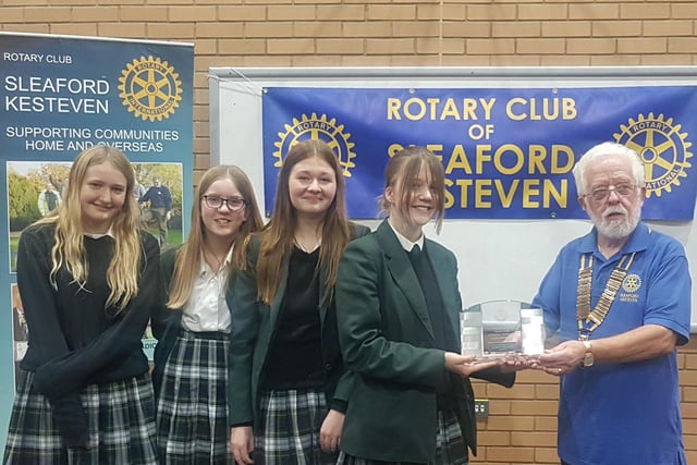 The Year 9 winning team from Kesteven and Sleaford High School with Rotary president Keith Austen. Photo: submitted