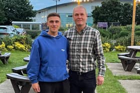 New Trinity signing Jordan Helliwell with boss Russ Wilcox.
