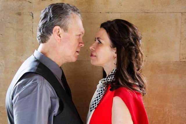 Joanna Nevin and Martin South share a blazing look as protagonists Beatrice and Benedick. Photo: MPTC