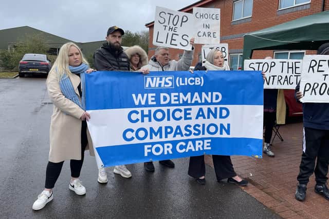 Protestors over care contract changes outside the offices in Sleaford..