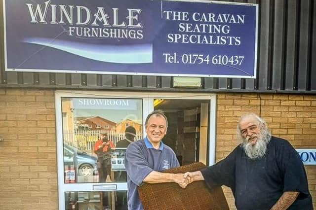Chairman of the LCLR’s Historic Vehicles Trust, Richard Shepherd (right) is presented with the first of the reupholstered seat bases for the old Ashover carriage, by Russ Froggatt, Managing Director of Windale Furnishings Ltd.