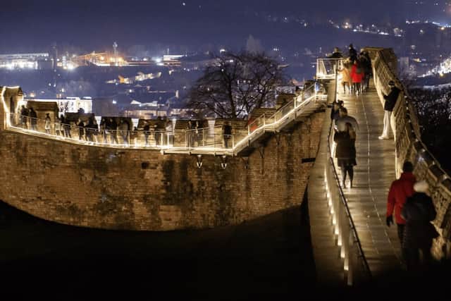 Magical views from Lincoln Castle's illuminated wall walk