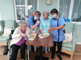 Enjoying some harvest baking are  Doreen Wheat, Louise Rider, Joyce Knight and Aida.