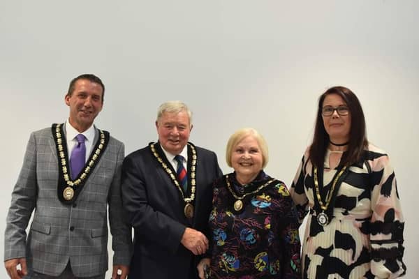 New Mayor and Mayoress, Coun and Mrs Pete Barry (centre) with Deputy Mayor Coun Adrian Findley and Deputy Mayoress Coun Sarah Staples. Photo: Barry Robinson.