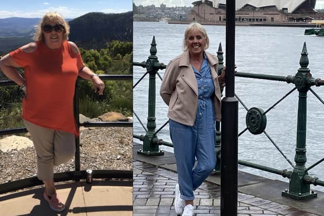 Then and now - Kay after her 52lb weight loss at Sydney harbour, where she climbed the iconic bridge.