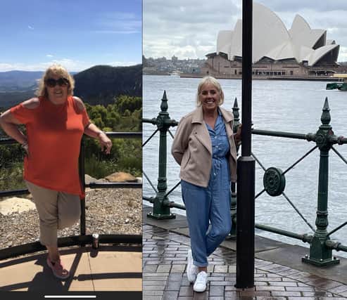 Then and now - Kay after her 52lb weight loss at Sydney harbour, where she climbed the iconic bridge.
