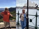 Then and now - Kay after her 52lb weight loss at Sydney harbour, where she climbed the iconic bridge.