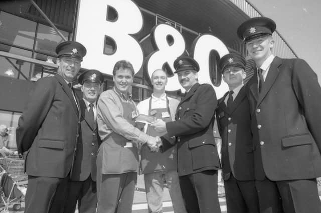 Boston firefighters at the official opening of Boston's new B&Q in 1998.