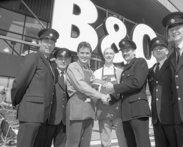 Boston firefighters at the official opening of Boston's new B&Q in 1998.