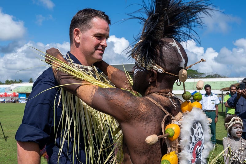 Capt. Joseph Dransfield receives a ceremonial Papua New Guinea necklace. (U.S. Navy photo by Ensign Madison Kwok)