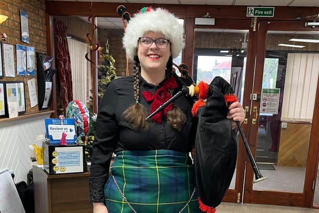 Kathryn Johnstone, of Kjmusic.uk, visits Tanglewood Care Home in Horncastle to play the bagpipes for residents.
