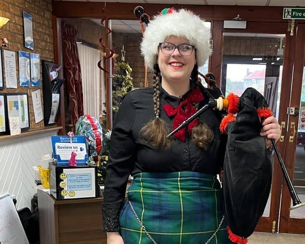 Kathryn Johnstone, of Kjmusic.uk, visits Tanglewood Care Home in Horncastle to play the bagpipes for residents.