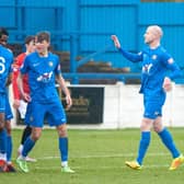 Gainsborough celebrate scoring against FC United on Saturday. Photo: Gainsborough Trinity FC.