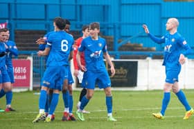 Gainsborough celebrate scoring against FC United on Saturday. Photo: Gainsborough Trinity FC.