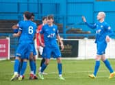 Gainsborough celebrate scoring against FC United on Saturday. Photo: Gainsborough Trinity FC.