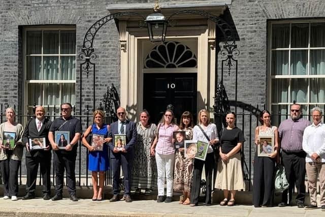 Michelle Barrett and Michelle Gardner join other bereaved parents outside 10 Downing Street after speaking to Prime Minister Sir Keir Starmer.
